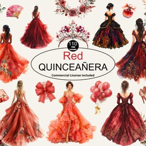 Aquarel rode quinceanera cliparts, bruidsjurken, doe-het-zelf uitnodiging, Mexicaanse jurk, prinsessenelementen, feestdecoraties