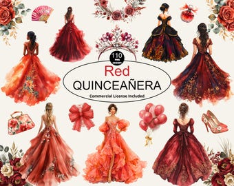 Imágenes prediseñadas de quinceañera en acuarela roja, vestidos de fiesta de boda, invitaciones DIY, vestido estilo mexicano, elementos de princesa, decoraciones para fiestas