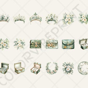 Puede incluir: Ilustraciones en acuarela de tiaras, ramos de flores, bolsos y joyeros. Las tiaras tienen detalles dorados y est&aacute;n adornadas con follaje blanco y verde. Los bolsos y joyeros son de color verde azulado con dise&ntilde;os florales.