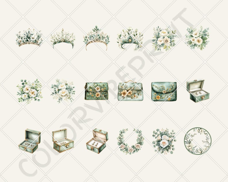 Puede incluir: Ilustraciones en acuarela de tiaras, ramos de flores, bolsos y joyeros. Las tiaras tienen detalles dorados y est&aacute;n adornadas con follaje blanco y verde. Los bolsos y joyeros son de color verde azulado con dise&ntilde;os florales.