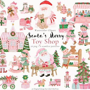 Puede incluir: Una colección de imágenes prediseñadas en acuarela con Santa Claus, elfos, una juguetería, árboles de Navidad, regalos y juguetes. El texto dice: Watercolor Clipart Santa's Merry Toy Shop 76 png + 6 seamless patterns. Original design by ColorVibePrint.