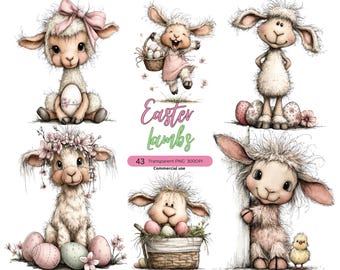 Easter Lamb Clipart Bundle, Watercolor Nursery PNG (Digital Download)