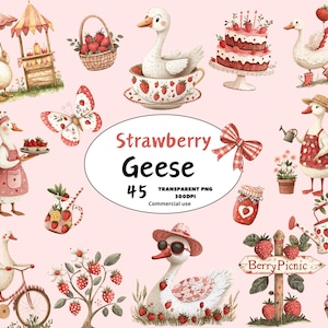 Strawberry Silly  Goose Clipart PNG, Cute Geese Graphics, Spring Cottagecore Clip Art, Sweet Girl One Silly Goose Clipart, Digital Download