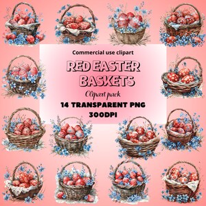 Aquarelle Paniers rouges de Pâques Clipart, Commercial, PNG transparents, Panier de lapin de Pâques, Panier d’œufs floraux, Oeufs de Pâques