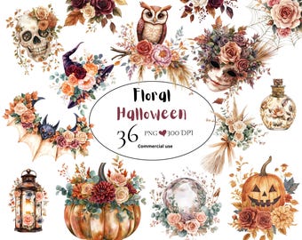 Halloween Floral Clipart Bundle, Spooky Pumpkin, Witch, Spiderweb 36 PNG (Digital Download)