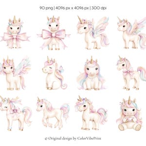 Puede incluir: Doce ilustraciones de acuarela de unicornios en varias poses. Los unicornios tienen crines pastel, cuernos dorados, y algunos tienen alas o lazos. La imagen incluye el texto "Original design by ColorVibePrint".
