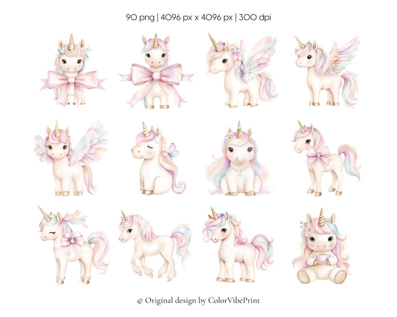 Puede incluir: Doce ilustraciones de acuarela de unicornios en varias poses. Los unicornios tienen crines pastel, cuernos dorados, y algunos tienen alas o lazos. La imagen incluye el texto "Original design by ColorVibePrint".