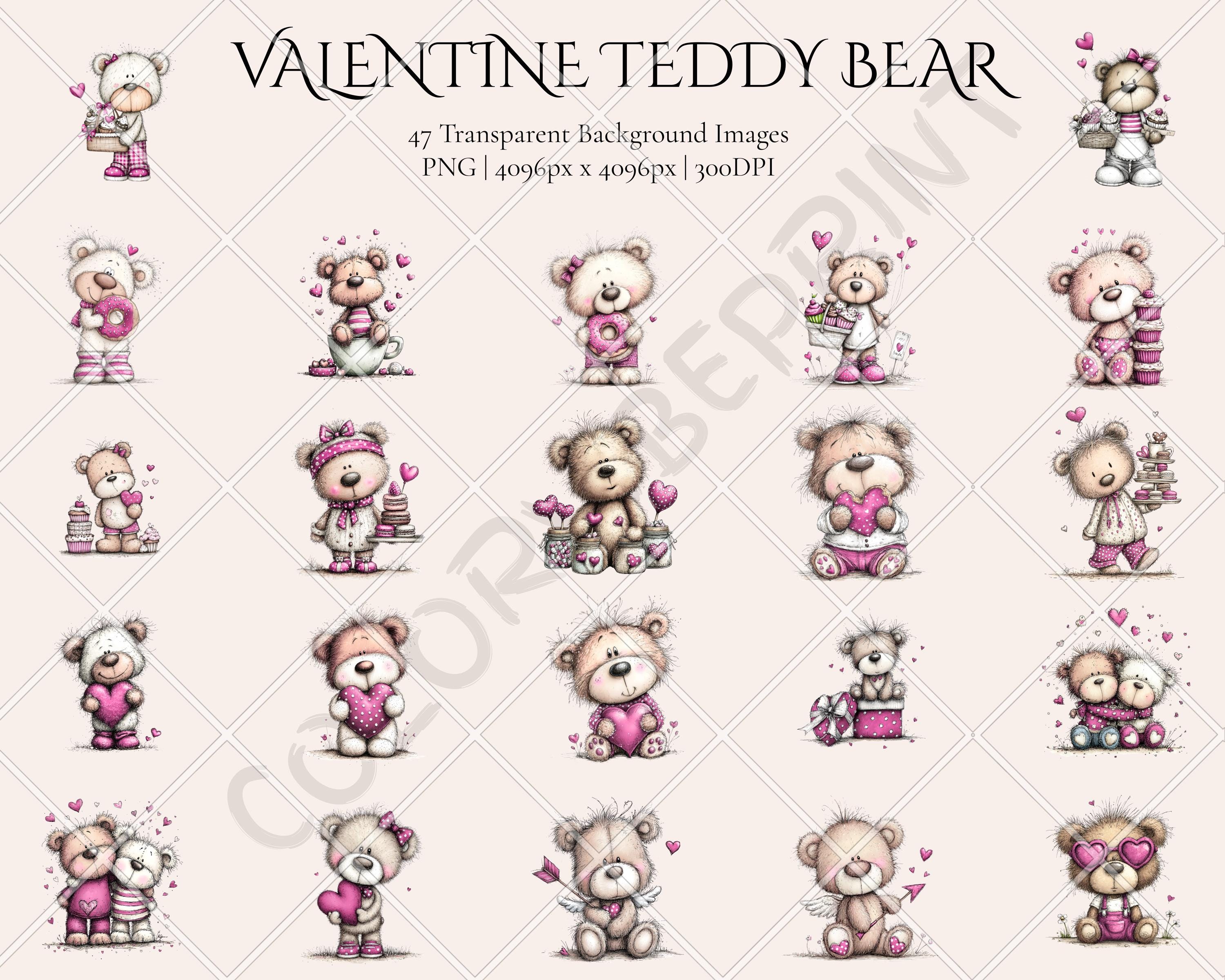 Watercolor Valentines Teddy Bear Clipart Bundle, Quirky PNG (digital ...