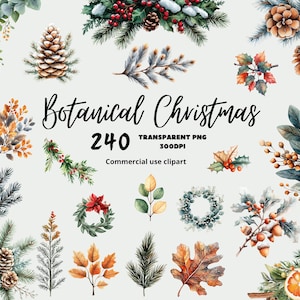 Clipart botânico de Natal em aquarela, floral em aquarela Boho, borda de vegetação de inverno, pacote de Natal, bagas de azevinho, decoração de inverno, cartão