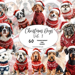 Pacchetto di clipart per cani di Natale dell'acquerello 60 razze di cani immagini PNG, disegni di sublimazione razze cappello di Natale cani di Babbo Natale, uso commerciale Vol.3