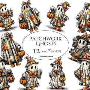 May include: A collection of whimsical, illustrated patchwork ghosts, each holding a carved pumpkin lantern. The ghosts wear hats and bows, and are dressed in colorful patchwork fabric. The image includes the text "PATCHWORK GHOSTS".