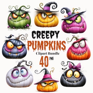 May include: A digital clipart bundle featuring eight stylized, expressive pumpkins in various colors including green, orange, pink, blue, and white. The text reads CREEPY PUMPKINS Clipart Bundle 40 PNG. Each pumpkin has unique facial features, some wearing hats or bows.