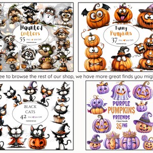 Pu&ograve; includere: Una collezione di clipart digitali che presenta quattro distinti set di illustrazioni a tema Halloween: Haunted Critters, Funny Pumpkins, Black Cats e Purple Pumpkins Friends, ciascuno etichettato con il relativo numero di file PNG.