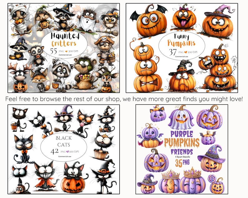 Pu&ograve; includere: Una collezione di clipart digitali che presenta quattro distinti set di illustrazioni a tema Halloween: Haunted Critters, Funny Pumpkins, Black Cats e Purple Pumpkins Friends, ciascuno etichettato con il relativo numero di file PNG.
