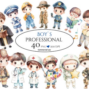 May include: Watercolour illustrations of boys in professions such as a sailor, police officer, and firefighter. The image includes the text "BOY'S PROFESSIONAL" and the number "40".