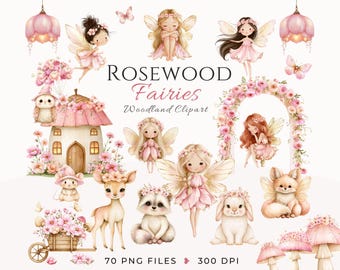 Pode incluir: Uma coleção digital intitulada ROSEWOOD Fairies Woodland Clipart apresentando ilustrações em aquarela de fadas, uma casa de cogumelo, um arco floral, um cervo, um guaxinim, um coelho, uma raposa e uma coruja, acentuados com flores rosas.