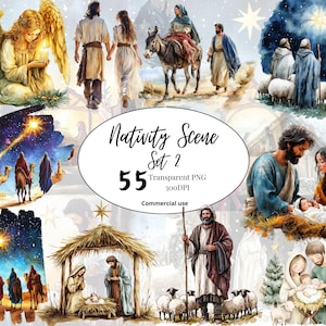 Aquarelle Crèche Clipart, Aquarelle Noël Clipart, Religieux Sainte Famille Artisanat et Décor, Jésus Naissance PNG, Téléchargement numérique