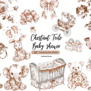 Toile Babyshower Kinderkamer Clipart, Lichtbruine Babymeisje Clipart, Chinoiserie png, Franse Toile de Jouy, Toile Floral, Franse Babyshower