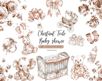 Neutral Toile de Jouy Baby Shower Clipart Bundle, Chinoiserie, French Floral PNG (Digital Download)