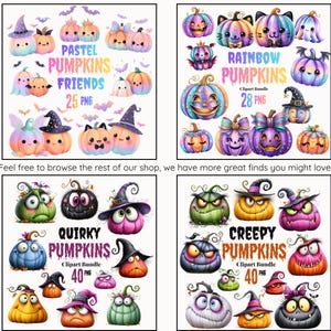 Pu&ograve; includere: Una collezione digitale di quattro set di illustrazioni di zucche che include Pastel Pumpkins Friends 25 PNG, Rainbow Pumpkins 28 PNG, Quirky Pumpkins 40 PNG e Creepy Pumpkins 40 PNG. Le grafiche includono varie zucche colorate con volti, cappelli e fiocchi.