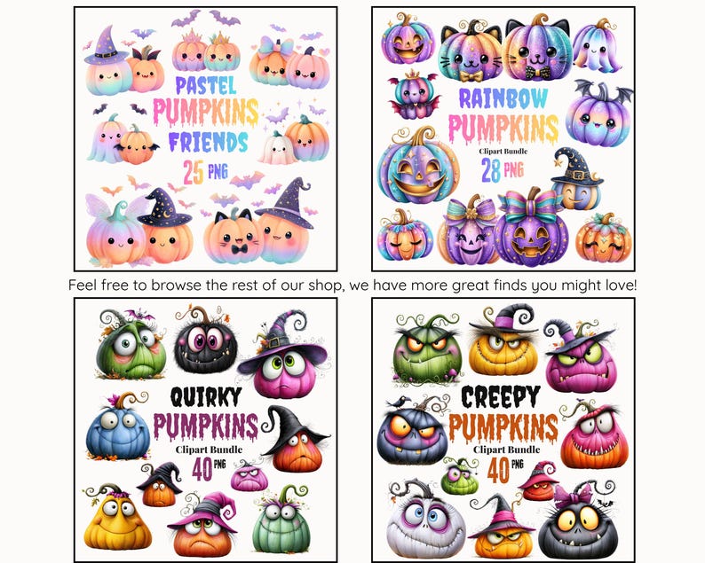 Pu&ograve; includere: Una collezione digitale di quattro set di illustrazioni di zucche che include Pastel Pumpkins Friends 25 PNG, Rainbow Pumpkins 28 PNG, Quirky Pumpkins 40 PNG e Creepy Pumpkins 40 PNG. Le grafiche includono varie zucche colorate con volti, cappelli e fiocchi.