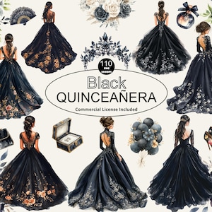 Aquarel zwarte Quinceanera-jurk cliparts, bruidsjurken, doe-het-zelf uitnodiging, Mexicaanse jurk, prinsessenelementen, feestdecoraties