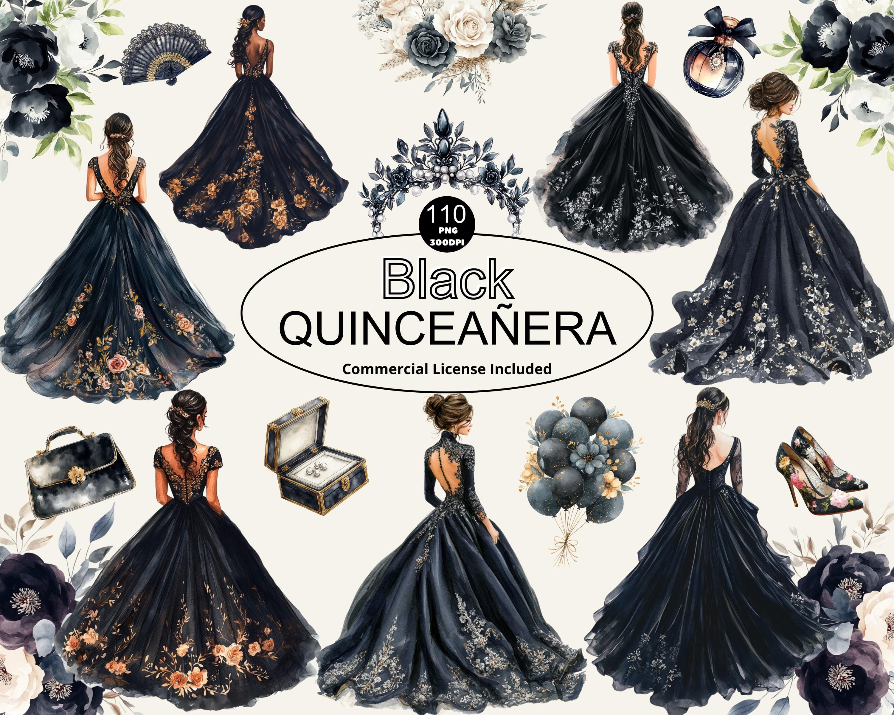 Imágenes prediseñadas de vestido de quinceañera negro en acuarela, vestidos  de fiesta de boda, invitaciones DIY, vestido estilo mexicano, elementos de  princesa, decoraciones para fiestas - Etsy México, image size:3000x2400