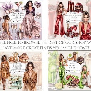 Puede incluir: Ilustraciones digitales con mujeres elegantes y elementos tem&aacute;ticos de brunch. Las im&aacute;genes muestran c&oacute;cteles, postres y moda, con superposiciones de texto como "Brunch and Bubbly Ladies". El tema general es la moda de caf&eacute;.