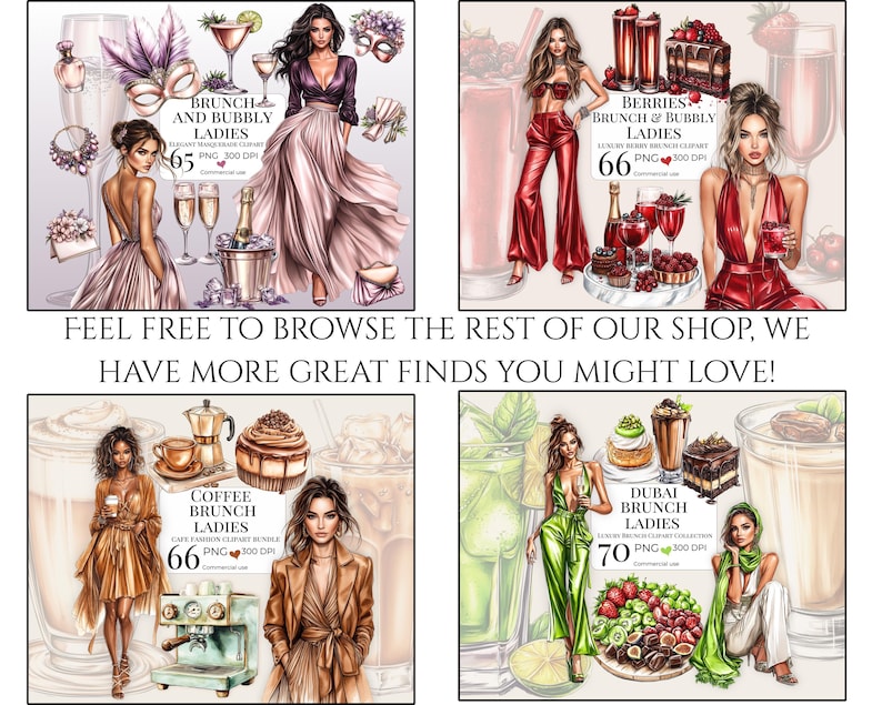 Puede incluir: Ilustraciones digitales con mujeres elegantes y elementos tem&aacute;ticos de brunch. Las im&aacute;genes muestran c&oacute;cteles, postres y moda, con superposiciones de texto como "Brunch and Bubbly Ladies". El tema general es la moda de caf&eacute;.