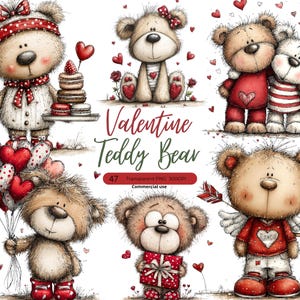 Puede incluir: Una colección de ilustraciones de osos de peluche con temática de San Valentín. Los osos se representan en varias poses, algunos sosteniendo globos en forma de corazón, regalos o postres. La paleta de colores incluye tonos de marrón, rojo y blanco, con el texto "Valentine Teddy Bear".