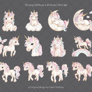 Puede incluir: Una colecci&oacute;n de ilustraciones en acuarela con unicornios en varias poses. Los unicornios tienen cuerpos blancos, crines y colas rosas y moradas, y cuernos dorados. Algunos est&aacute;n sentados, de pie o descansando sobre nubes y lunas. Tambi&eacute;n se incluye una mariposa y un arco&iacute;ris.