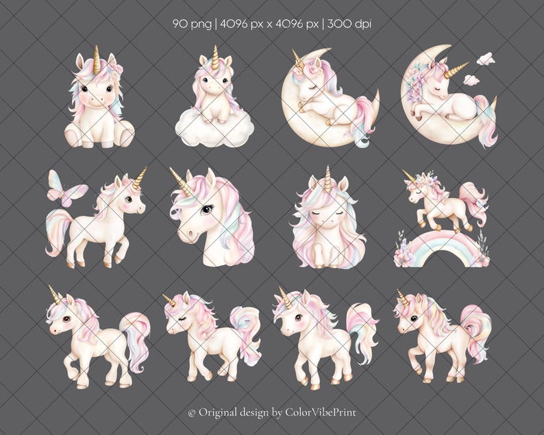 Puede incluir: Una colecci&oacute;n de ilustraciones en acuarela con unicornios en varias poses. Los unicornios tienen cuerpos blancos, crines y colas rosas y moradas, y cuernos dorados. Algunos est&aacute;n sentados, de pie o descansando sobre nubes y lunas. Tambi&eacute;n se incluye una mariposa y un arco&iacute;ris.