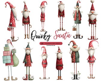 Könnte beinhalten: Aquarellillustrationen von skurrilen Weihnachtsmannfiguren in verschiedenen Posen. Jeder Weihnachtsmann hat einen langen weißen Bart, einen roten Anzug und einen hohen Hut. Der Text "Quirky Santa" wird in einer dekorativen Schriftart angezeigt.