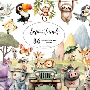 Watercolor Safari Animals Clipart, Jungle Friends, Lion Giraffe Zebra, Cute Wildlife Art, Nursery Decor, Baby Shower Crafts, DIY Projects
