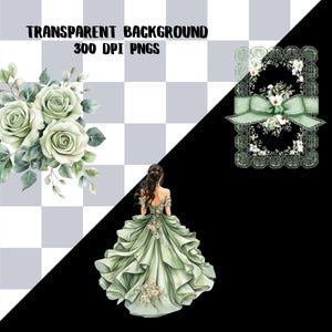 Puede incluir: Ilustraci&oacute;n digital con un ramo de rosas verde claro y una mujer con un vestido verde. Tambi&eacute;n hay un marco decorativo con un lazo. El texto "TRANSPARENT BACKGROUND 300 DPI PNGS" se muestra en la parte superior.