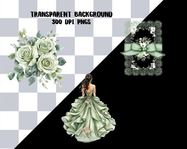Puede incluir: Ilustraci&oacute;n digital con un ramo de rosas verde claro y una mujer con un vestido verde. Tambi&eacute;n hay un marco decorativo con un lazo. El texto "TRANSPARENT BACKGROUND 300 DPI PNGS" se muestra en la parte superior.