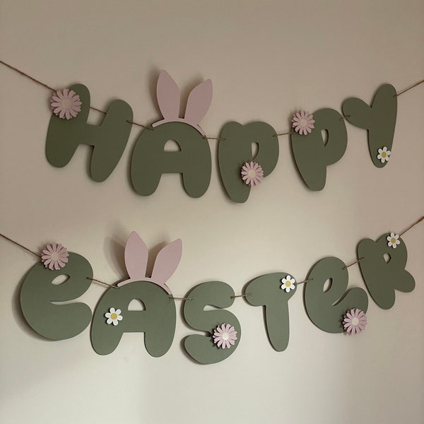 Happy Easter bunting, pastel Easter banner, daisy, bunny, home decor
