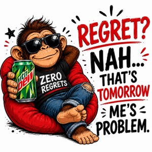 May include: A cartoon monkey wearing black sunglasses and a black t-shirt with the text ZERO REGRETS, sitting in a red beanbag chair while holding a green Mtn Dew can. The text REGRET? NAH... THAT'S TOMORROW ME'S PROBLEM is printed in red and black.