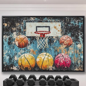 Colorful Basketball Framed Canvas Wall Art, Basket Ball Painting Print, Sports Wall Decor, Vibrant Motivational Poster, Ready to Hang Gift