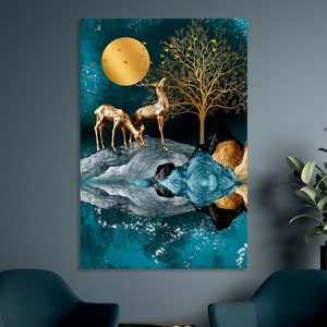 Abstract Painting Print Luxurious Art Golden Deers in Full Moon on the Mountain Canvas Wall Art a Tree and Birds Flying Decor Print