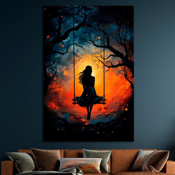 Coucher de soleil serein Silhouette oeuvre d'art mural Fille sur une balançoire Peinture à l'huile imprimée sur toile Atmosphère paisible parfaite pour une décoration murale Détente