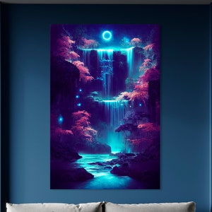 Fantasy of neon waterfall in deep forest Glowing colorful look like fairytale Fluorescent Galaxy Magic Waterfall Fantasy Forest