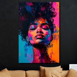 Colorido cara pintura impresión abstracto retrato dinámico mujer pared arte decoración vibrante chica lienzo pared arte salón de belleza decoración moda pared arte