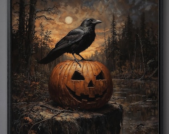 Halloween Framed Canvas Wall Art Eerie Haunted House Decor Pumpkin Painting Print Spooky Atmosphere Poster Ready to Hang Fast Shipping Free