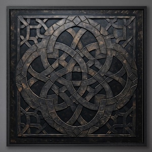 Lienzo con nudo celta, arte de pared, impresión simétrica en color metal oscuro, formas geométricas antiguas medievales, póster, decoración de bucle infinito, listo para colgar