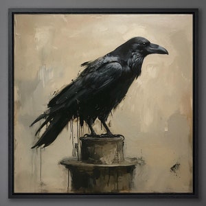 Enchanted Raven Painting Print Black Bird Canvas Wall Art Dark Crow Wall Decor Black Feather Canvas Print Mystical Avian Art Ready to Hang