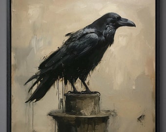 Enchanted Raven Painting Print Black Bird Canvas Wall Art Dark Crow Wall Decor Black Feather Canvas Print Mystical Avian Art Ready to Hang