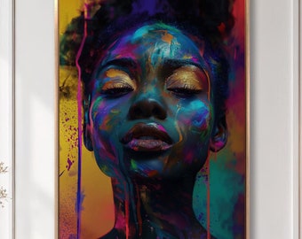 Vibrant Face Black Girl Canvas Wall Art African Beautiful Woman Print Fashion Makeup Prints Vertical Poster Beauty Salon Decor Ready to Hang