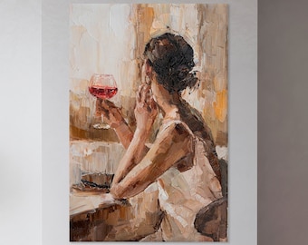 Girl with a glass of wine Oil painting print on canvas Woman holding a glass of wine impressionism Canvas Wall Art wine Oil Painting canvas