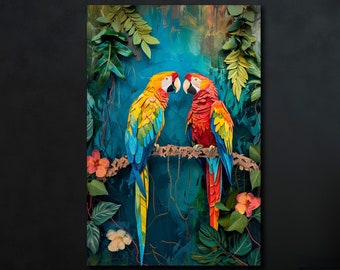 Colorful Parrot Painting Print Abstract Tropical Birds Canvas Wall Art Vibrant Parrots Pair Portrait Decor Exotic Bird Art Kids Room Decor